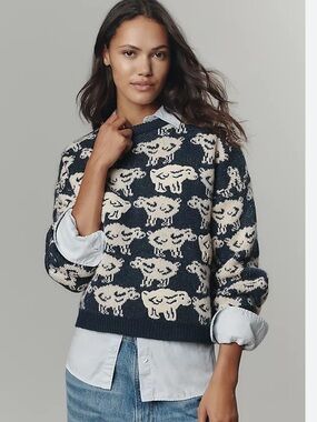 Maeve Navy & Cream Sheep-Pattern Crewneck Sweater